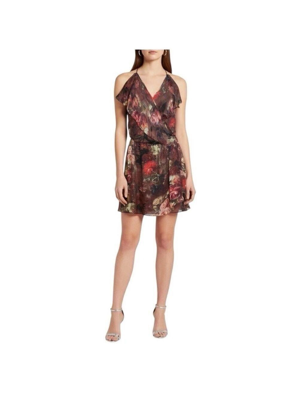 Haute Hippie Silk Floral Halter Mini Dress NWT Burgundy Plum Gold Size Medium